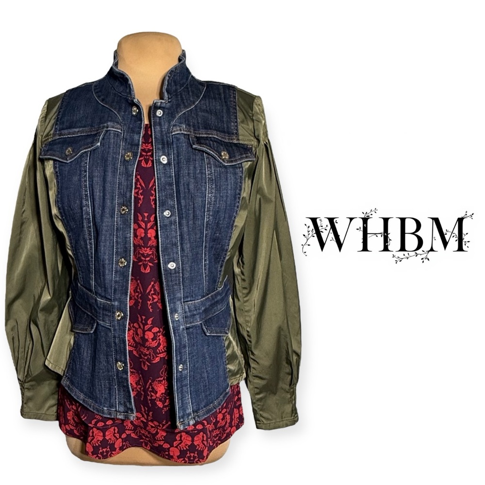 White House Black Market Blue Denim Jacket with olive green satin sleeves Size 8 - Picture 3 of 10